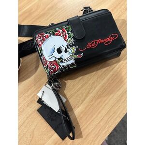 Ed Hardy Skull Roses Vegan Leather Wallet Crossbody Bag